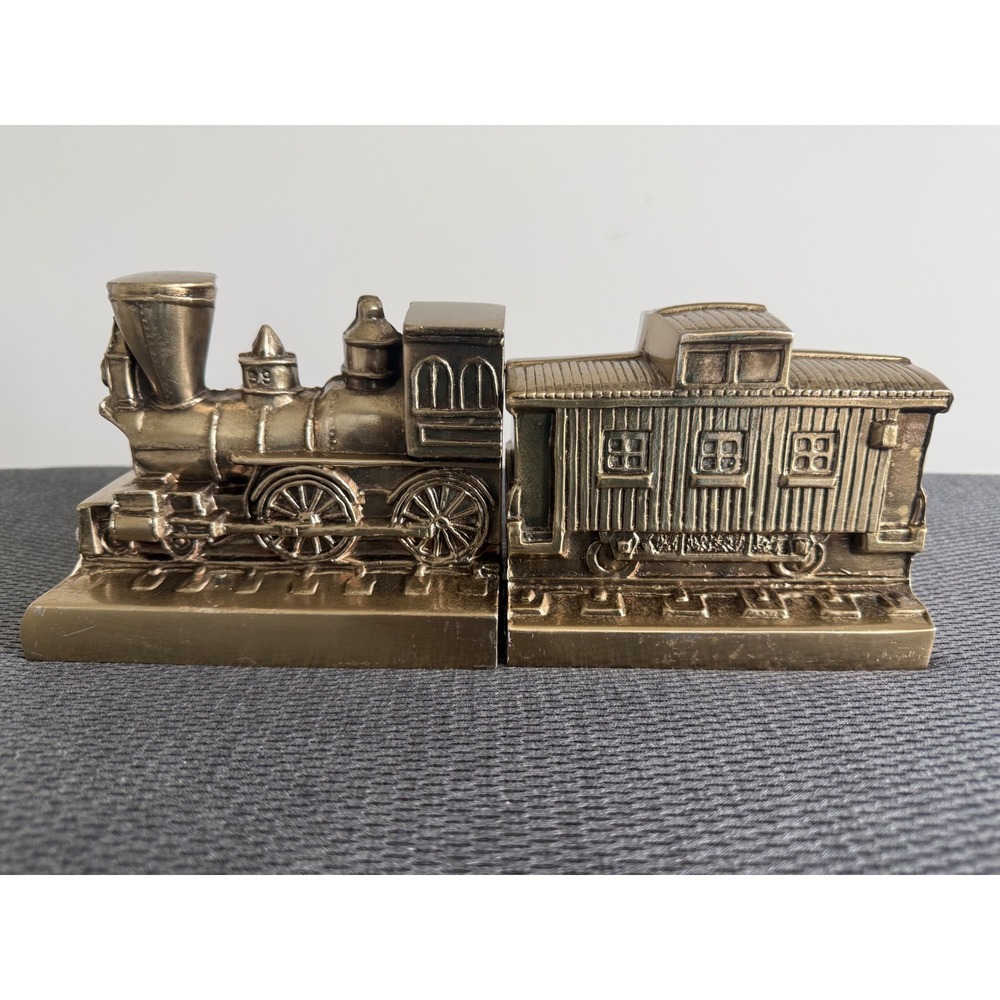 Vintage Solid Brass Metal Train Bookends Steam Locomotive and Caboose Set